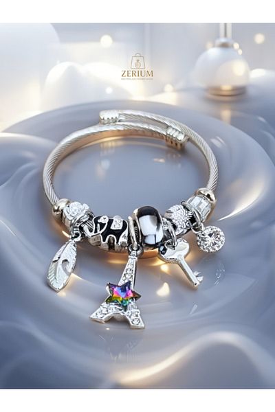 ZERİUM Modern Steel Stylish New Generation Design Charm Bracelet Eiffel Tower
