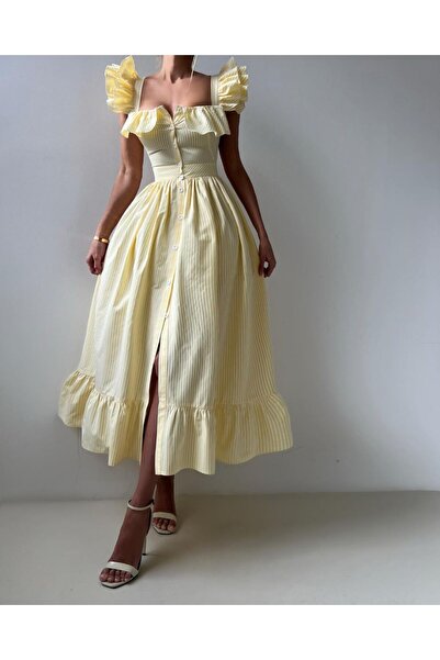 369 etnik butik Ruffle Strap Button Striped Belted Midi Dress – Pink, Yellow, Blue