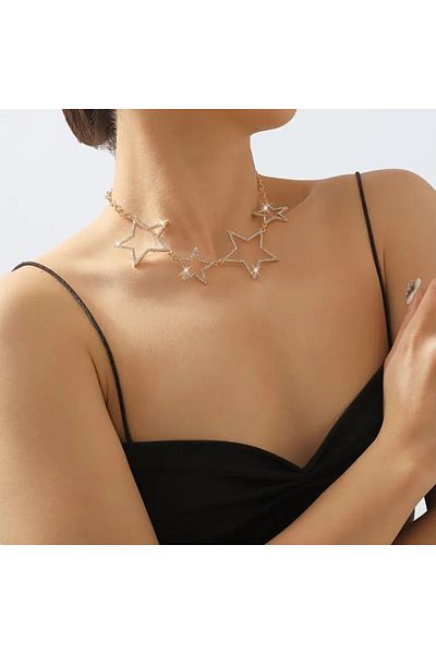 Yıldız Accessory Gold and Silver Zircon Stone Star Detailed Adjustable Size Steel Necklace