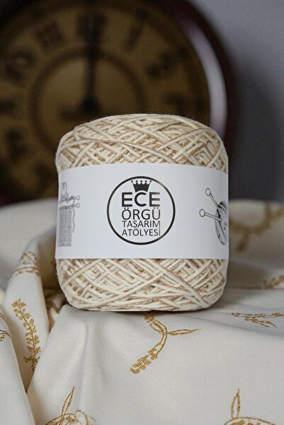 Ece Örgü Tasarım Atölyesi Krem rengi bambu koton arasına gold sim karışımlı örgü ipi (500 gr.)