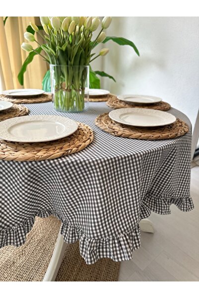 Decamor home Linen Gray Gingham Ruffled Worry-Free Stain-Proof Round Table