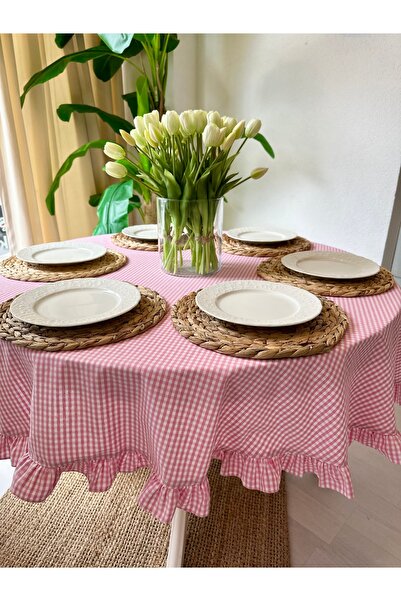 Decamor home Keten Pembe Pötikare Fırfırlı Dertsiz Leke Tutmaz Yuvarlak Masa Ö