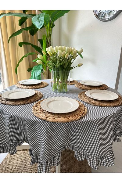 Decamor home Linen Gray Gingham Ruffled Worry-Free Stain-Proof Round Table