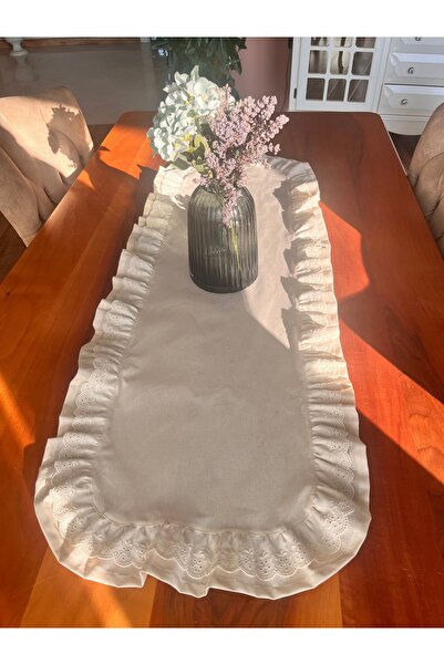 NURGİTA HOME % 100 Pamuk Ham Keten Fisto Fırfırlı Oval Runner ( 45x140 cm )