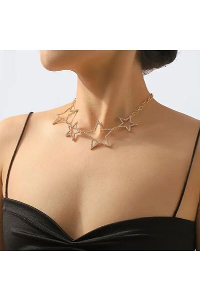 Yıldız Accessory Gold and Silver Zircon Stone Star Detailed Adjustable Size Steel Necklace