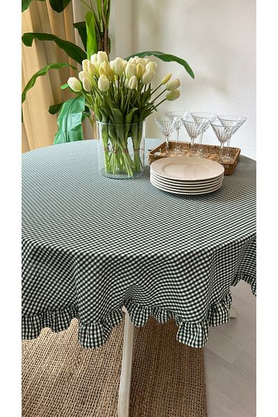 Decamor home Linen Emerald Green Gingham Ruffled Worry-Free Stain-Proof Round Table Cover