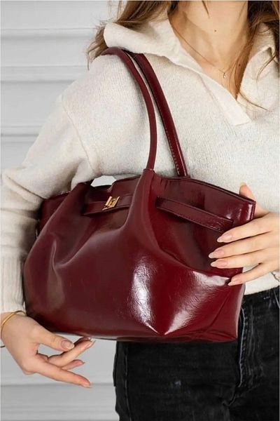 İzel Çakran Women's Burgundy Faux Leather Daily Large Hand & Shoulder Bag