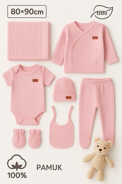 İZYALİF BABY Girl Boy Baby Organic 7-Piece Hospital Discharge Set Including Blanket Cotton Corded 50-56cm