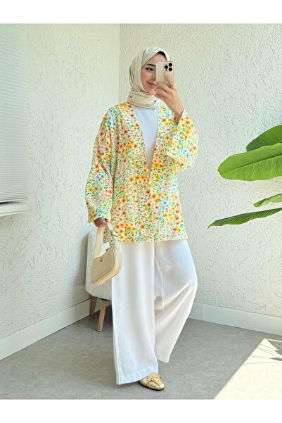 Gardenya Desenli Kuşaklı Kimono
