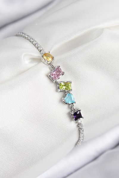 norsary Brass Colored Zircon Stone Geometric Model Silver Color Women's Bracelet