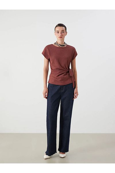 LC Waikiki Lcwaikiki Classic Brown Crew Neck Textured Bow Blouse