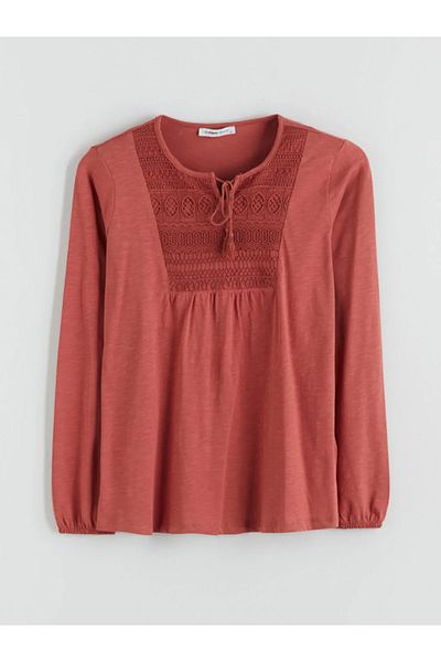 LC Waikiki Lcw Grace Red Tie Collar Embroidered Blouse