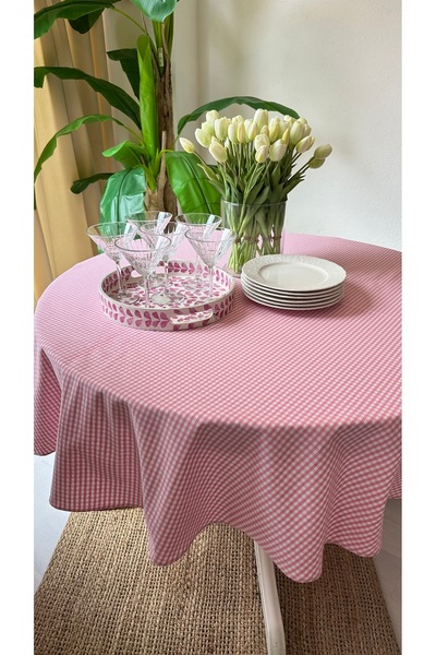 Decamor home Stain-Proof, Trouble-Free Pink Gingham Round Tablecloth
