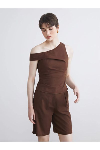 LC Waikiki Soulife Brown One Shoulder Linen Blend Blouse