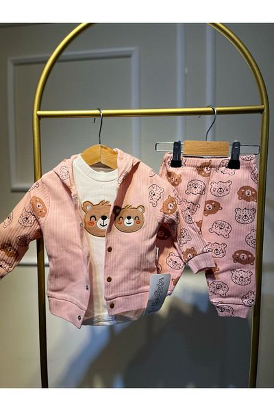baume clothes Baby Girl 3-Piece Top-Under Set with Pink Teddy Bear