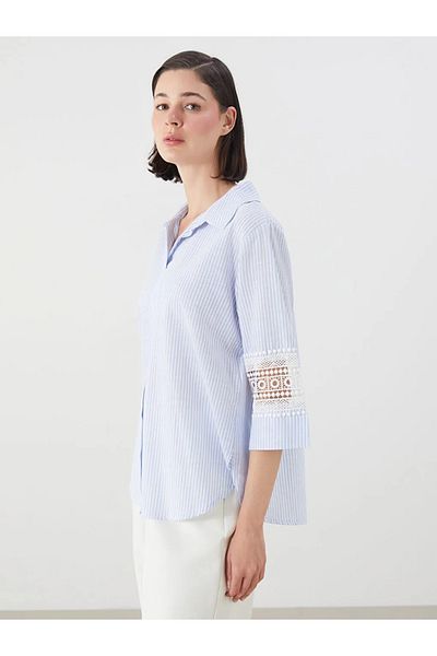 LC Waikiki Lcwaikiki classic blue shirt collar striped Oversized lace detailed blouse