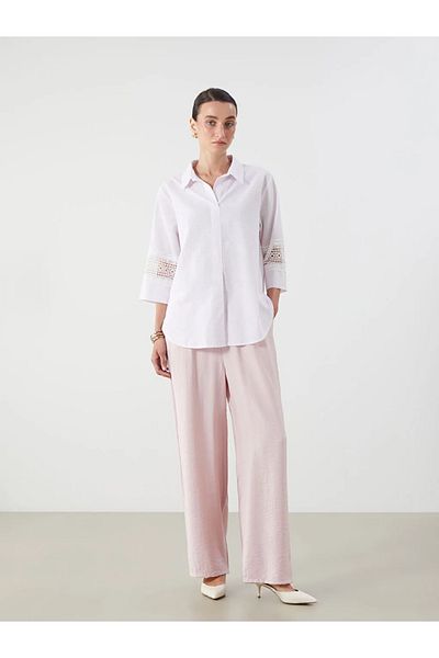 LC Waikiki Lcwaikiki Classic Pink Shirt Collar Striped Oversize Lace Detail Blouse
