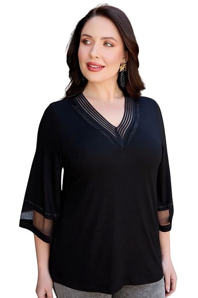 Bİ.GİYSEN Women's Plus Size Black V-Neck Collar and Sleeve Detailed Lycra Cotton Viscose Combed Cotton Fabric Blouse