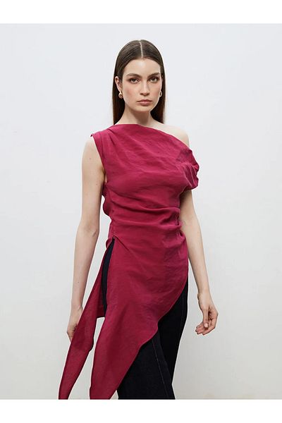 LC Waikiki Soulife burgundy boat neck shirred asymmetrical cutout blouse