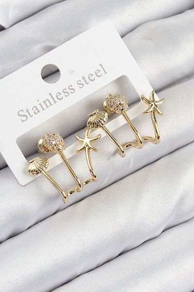 norsary Brass Zircon Stone Sea Star and Oyster Model Gold Color Women's Earrings