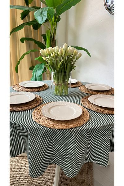 Decamor home Stain-Proof, Trouble-Free Emerald Green Gingham Round Table Cloth