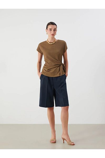 LC Waikiki Lcwaikiki Classic Khaki Crew Neck Textured Bow Blouse