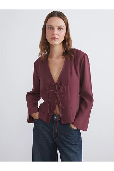 LC Waikiki Lcw Vision Burgundy V Neck Modal Blend Tie-Up Blouse