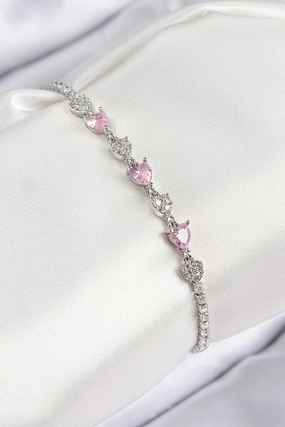 norsary Brass Zircon Stone Pink Heart Model Silver Color Women's Bracelet