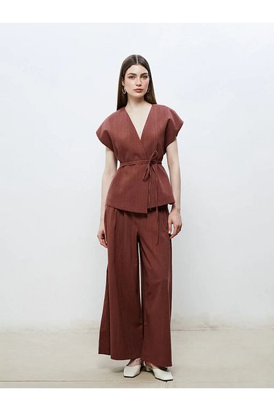 LC Waikiki Soulife Brown Double Breasted Collar Linen Look Blouse