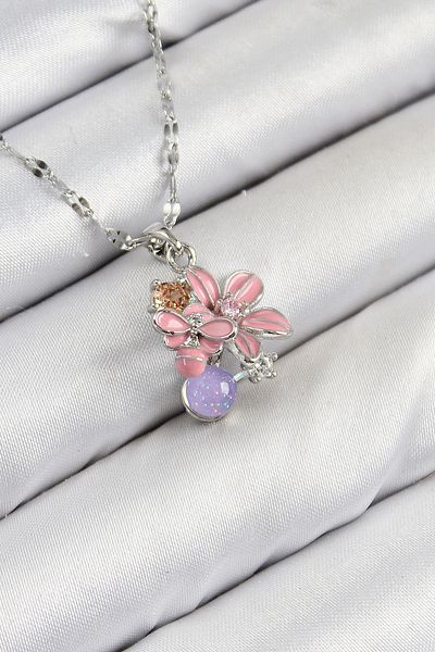 norsary 316L Steel Zircon Stone Bee Detailed Pink Flower Model Silver Color Women's Necklace