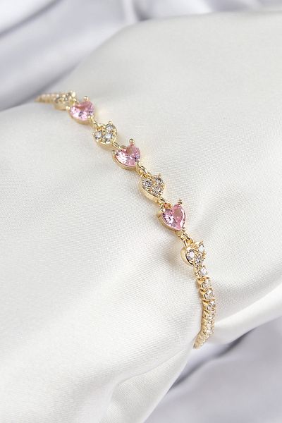 norsary Brass Zircon Stone Pink Heart Model Gold Color Women's Bracelet