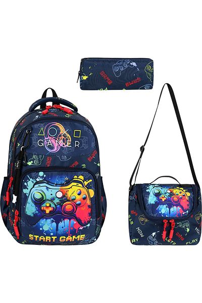 Dadacuq Multi-Compartment'Gamer Start Game' School Bag Triple School Set with Lunchbox and Pen Holder Ddcq2822