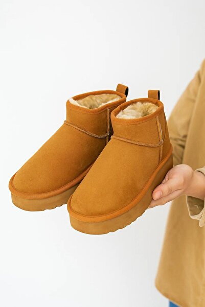 ZARICH Oslo Mini Taba Süet Yarım Bot Içi Tüylü Kalın Taban Kadın Ayakkabı