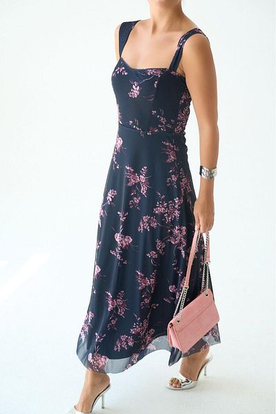 CADDELAMODA Square Neckline Lined Floral Tulle Dress