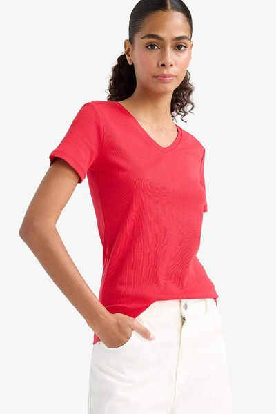 DeFacto New Season Slim Fit Slim Fit V-Neck Basic Plain Rib Short Sleeve T-Shirt