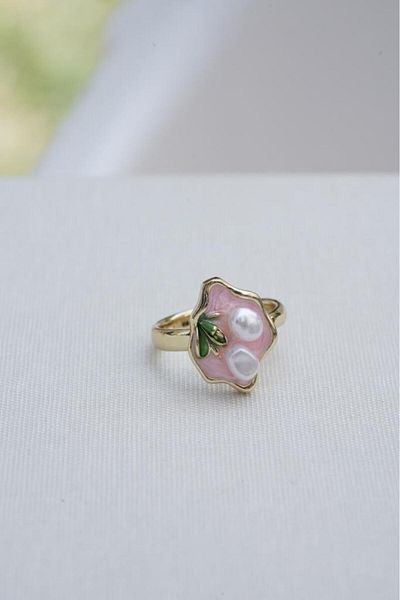 AŞIK ACCESSORIES Pink Enamel Adjustable Ring with Pearls