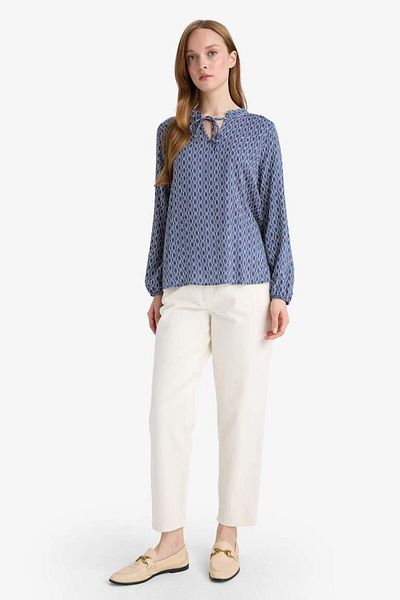 DeFacto New Season Regular Fit Lace-Up Collar Patterned Long Sleeve Blouse