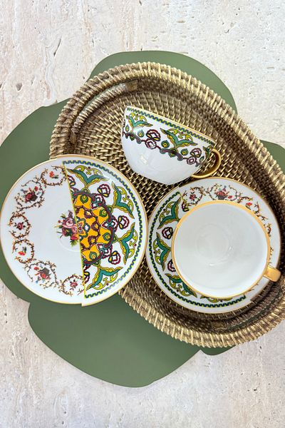 porselenden Monaco 2-Person 4-Piece Porcelain Teacup Set 200 Cc Gold Green Flower Pattern Special Design