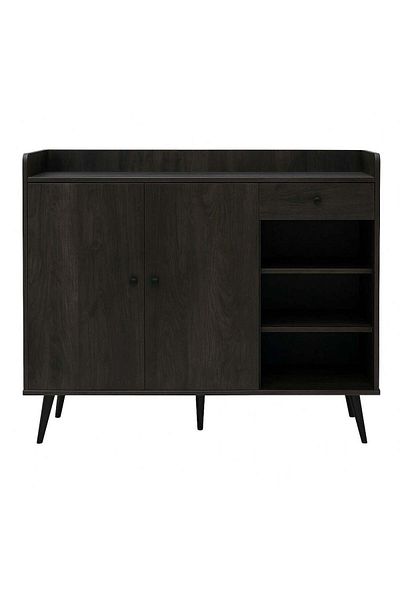Generic Modern Side Cabinet with Dark Wood Finish, Two Doors, Drawer, and Open Shelves - Elegant Storage Uni