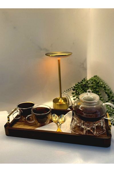 HBS Art Design Akasya Gold Handle Luxury Wooden Tray