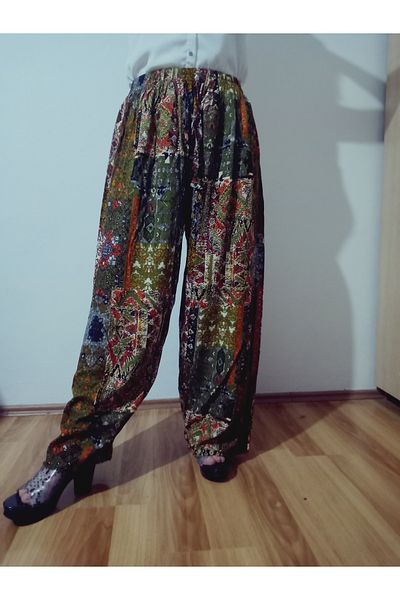 hoaryage Ethnic Patterned 100% Cotton Viscose Pressed Trousers with Elastic Waist38-50Size