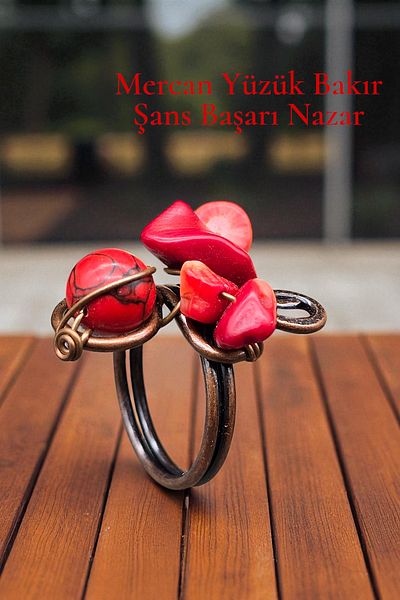 NBS Beautiful Naturel Stones Ring Coral Pure Copper Adjustable Hand Craftsmanship (Positivity, Evil Eye, Protection)