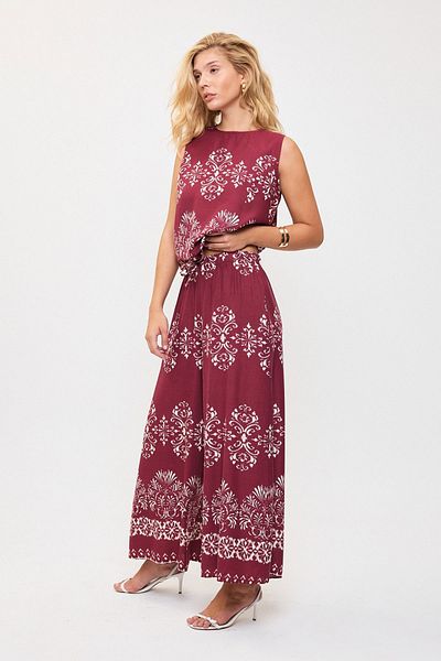 bacc Cherry Pattern Sleeveless Blouse and Wide Leg Pants Woven Bottom Top Set Bcvl-25V201