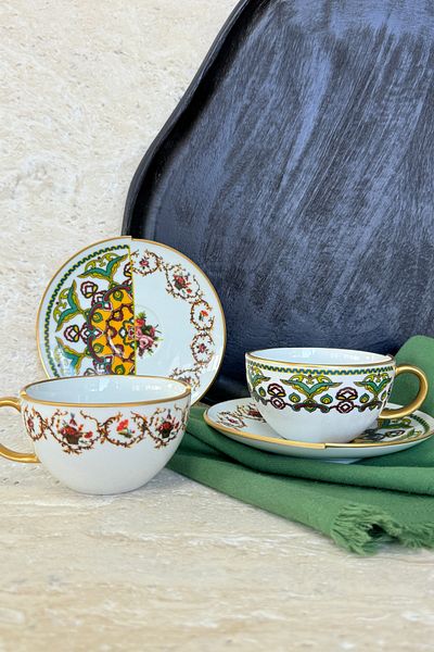 porselenden Monaco 2-Person 4-Piece Porcelain Teacup Set 200 Cc Gold Green Flower Pattern Special Design