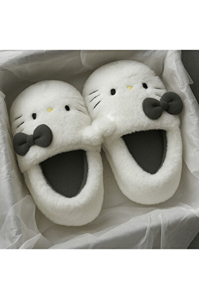 Gofeel Gri Hello Kitty Yumuşak Tüylü Peluş Panduff Terlik