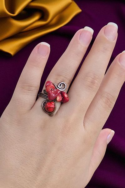 NBS Beautiful Naturel Stones Ring Coral Pure Copper Adjustable Hand Craftsmanship (Positivity, Evil Eye, Protection)