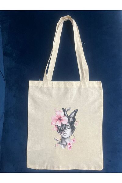 DERYA DESİNG ART Butterfly Girl Patterned Printed Cloth Shoulder Bag 35X40Cm