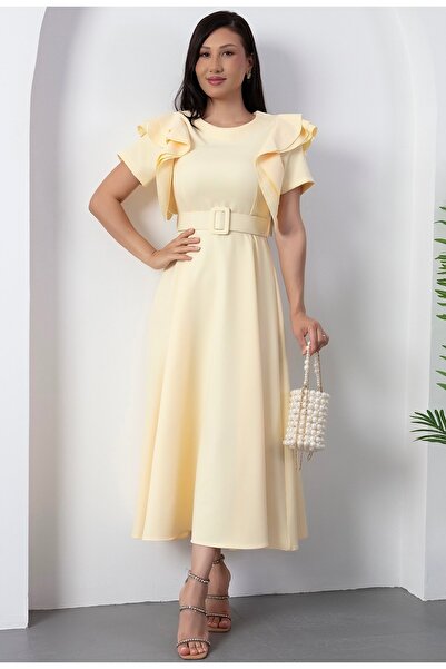 Afiş Butik Sarı Kemerli Kolları Fırfırlı Midi Elbise