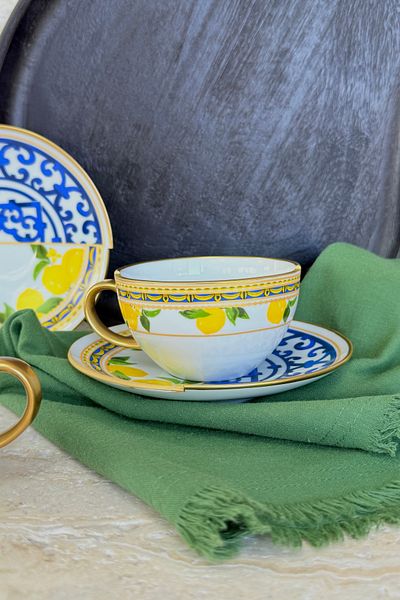 porselenden Lemone 4 Piece Porcelain Teacup Set for 2 Persons 200 Cc Gold Blue Lemon Pattern Special Design