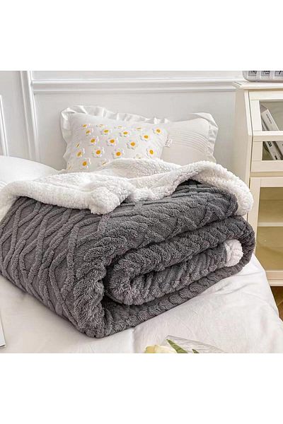 OEM Cocolino Thick Blanket, With Fur, 200x230cm, Knitted Type, Dark Grey